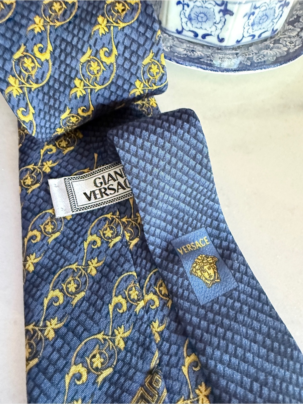 Vintage Gianni Versace Silk Tie Blue Gold Baroque Scroll Greek Key Medusa Italy